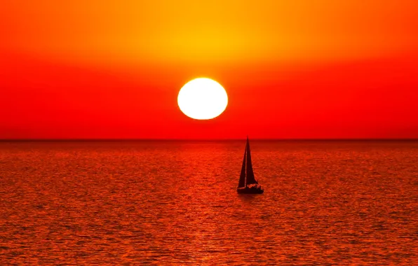 Картинка море, небо, солнце, закат, лодка, парус
