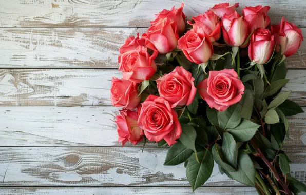Цветы, праздник, доски, розы, букет, розовые, 8 марта, День Святого Валентина