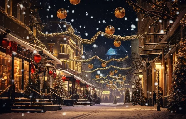 Картинка зима, снег, украшения, ночь, город, lights, шары, улица