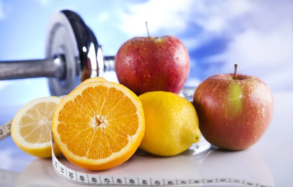 Fruit, apples, dumbbells, healthy food