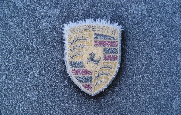 Картинка зима, иней, логотип, Porsche, замёрзший