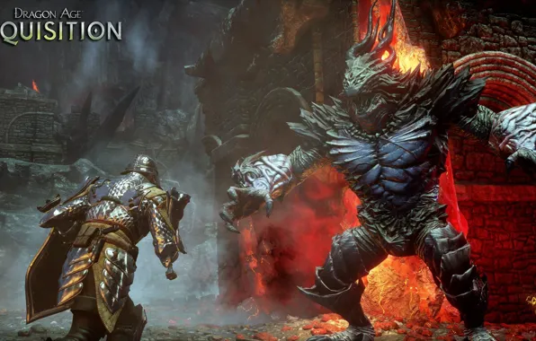 Меч, лава, щит, dragon age, инквизитор, нежить, rpg, bioware