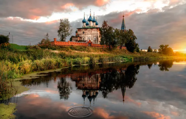 Закат, река, храм, Россия, Ивановская область