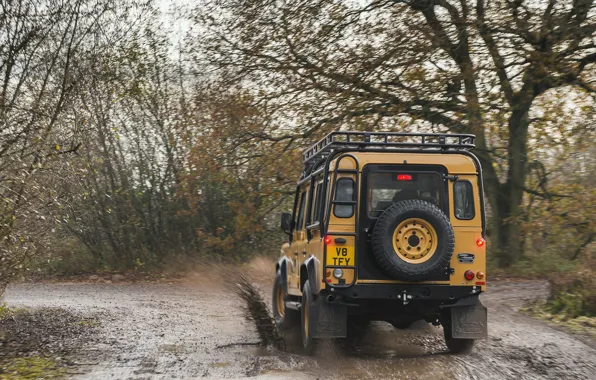 Картинка брызги, лужа, внедорожник, Land Rover, грунтовка, Defender, V8, 5.0 л.