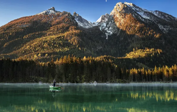 Картинка пейзаж, горы, природа, озеро, отражение, лодка, вершины, рыбак