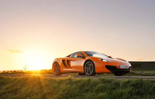 Картинка солнце, блики, McLaren, MP4-12C, front, orange, макларен