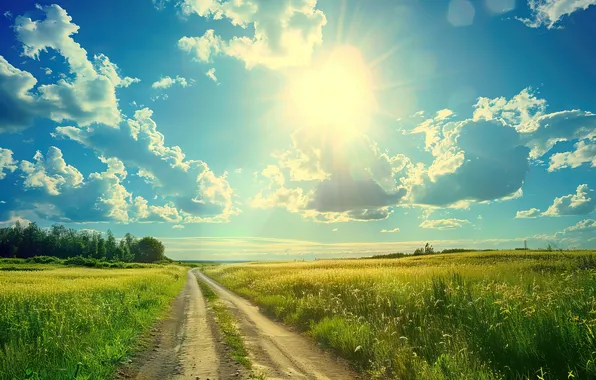Картинка дорога, поле, лето, небо, трава, весна, summer, sunshine