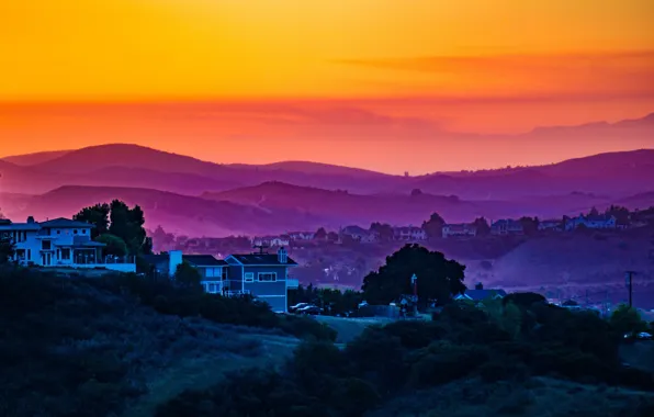 Twilight, sunset, clouds, hills, houses, dusk, purple mountain