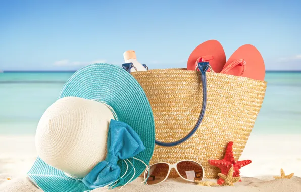 Картинка песок, море, пляж, лето, солнце, отдых, шляпа, очки