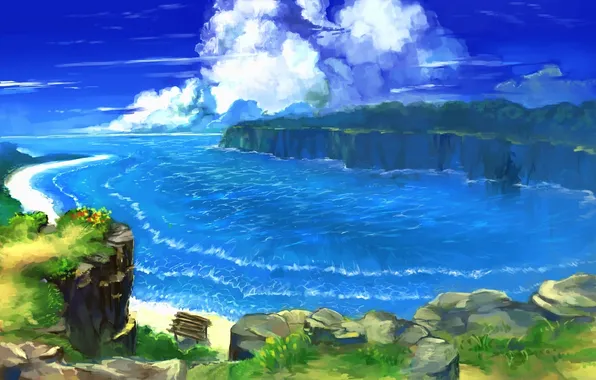 Картинка море, зелень, облака, пейзаж, берег, бухта, арт, benitama