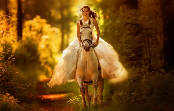 Картинка осень, лес, девушка, природа, конь, невеста