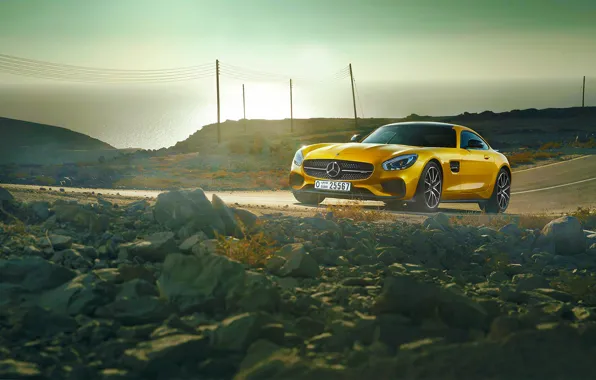 Картинка Mercedes-Benz, AMG, Sun, Day, Yellow, Road, Sea, 2015