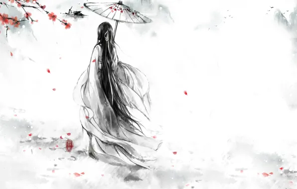 Картинка девушка, цветы, птицы, красный, зонт, лепестки, сакура, кимоно