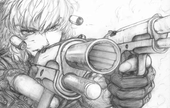 Картинка девушка, бумага, оружие, пистолеты, игра, рисунок, аниме, стрельба