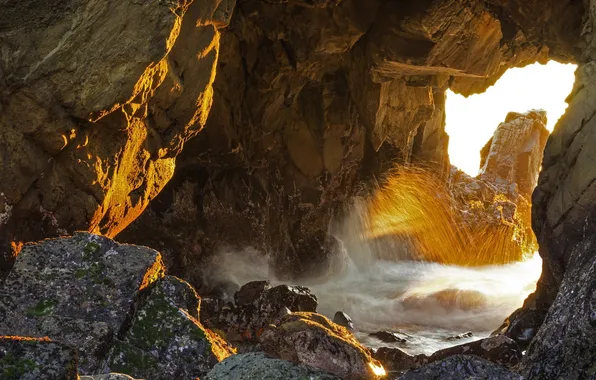 Свет, брызги, океан, скалы, РАССВЕ