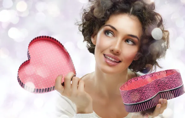 Картинка улыбка, блики, фон, настроение, коробка, подарок, сердце, макияж
