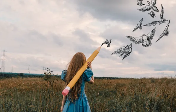 Картинка девушка, птицы, карандаш