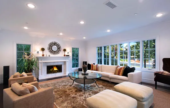 Картинка дизайн, диван, вилла, интерьер, окно, камин, гостиная