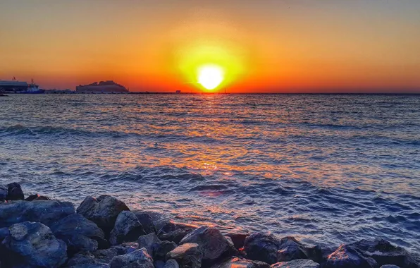 Sea, landscape, sunset, sun, wave