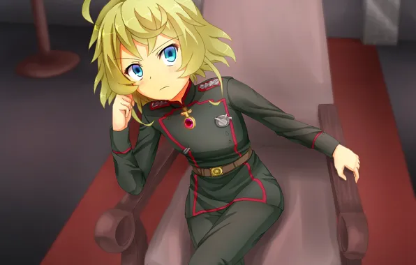 Girl, soldier, military, war, anime, chibi, blue eyes, blonde