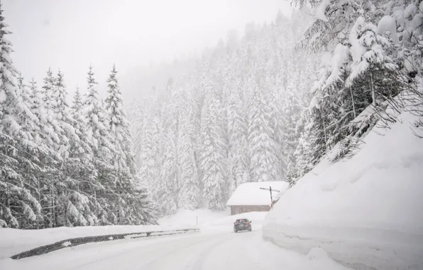 Природа, Зима, Дорога, Деревья, Снег, Машина, Car, Nature