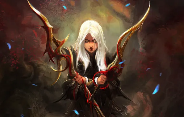 Картинка девушка, оружие, меч, фэнтези, арт, копье, белые волосы