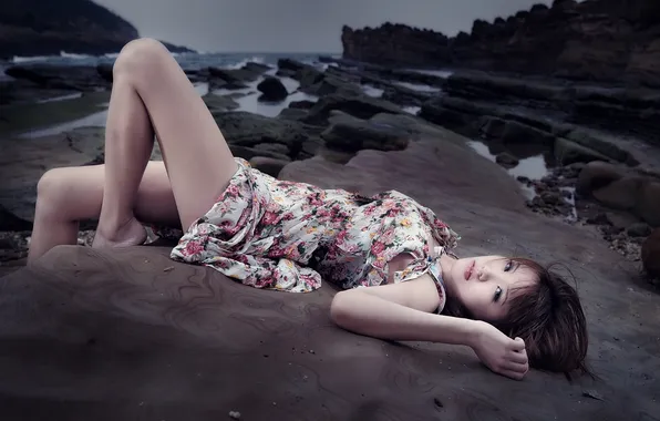 Море, девушка, азиатка