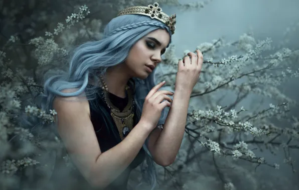 Девушка, ветки, поза, настроение, корона, руки, цветение, голубые волосы