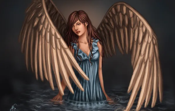 Взгляд, вода, девушка, лицо, отражение, фантастика, крылья, ангел