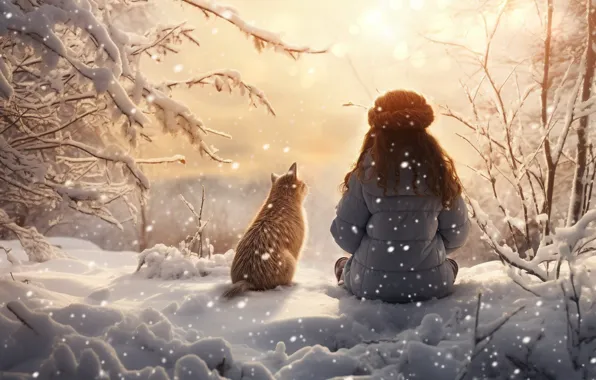 Зима, иней, лес, кошка, небо, кот, солнце, свет