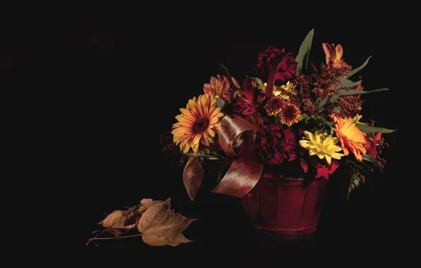 Картинка осень, листья, цветы, букет, корзинка