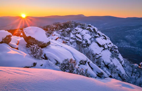 Зима, снег, закат, горы, сугробы, Virginia, Виргиния, Shenandoah National Park