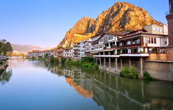 Небо, горы, мост, река, дома, солнечно, Турция, Amasya