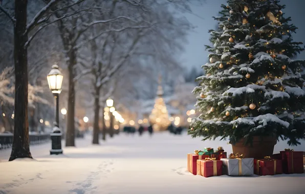Зима, снег, украшения, ночь, lights, парк, елка, Новый Год