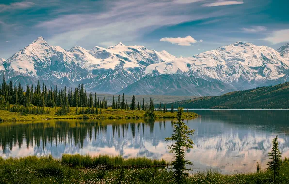 Небо, солнце, деревья, пейзаж, горы, природа, река, Alaska