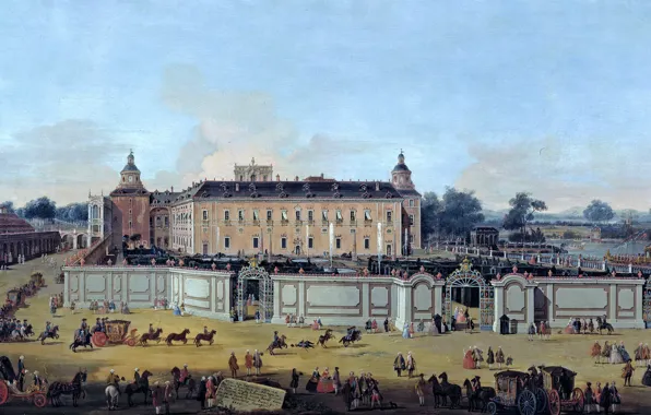 Пейзаж, люди, картина, карета, Francesco Battaglioli, Вид на Дворец Аранхуэс