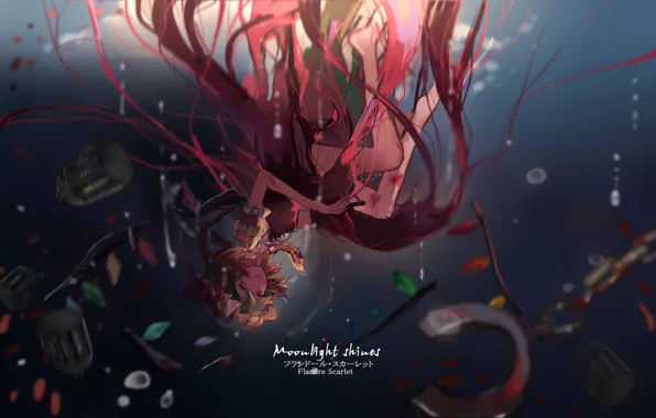 Обломки, вода, кровь, падение, чепчик, touhou, art, раны