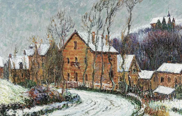 Зима, дорога, деревья, пейзаж, дома, картина, Гюстав Луазо, Gustave Loiseau