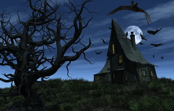 Картинка Halloween, Хэллоуин, страшно, летучие мыши, bats, full moon, полная луна, Дом с привидениями