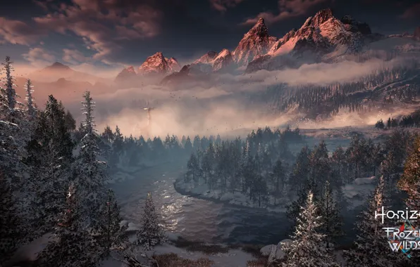 Game, river, snow, tree, montain, Horizon Zero Dawn, Horizon Zero Dawn The Frozen Wilds