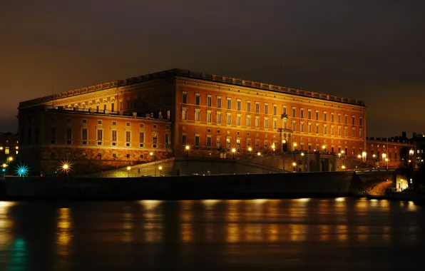 Ночь, огни, Стокгольм, Швеция, набережная, королевский дворец