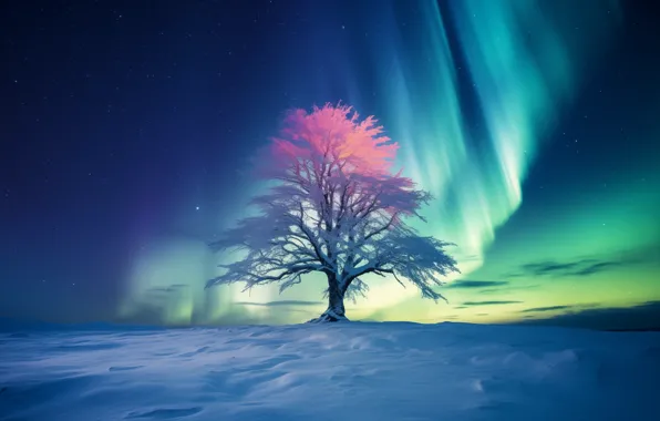 Картинка aurora, snow, tree