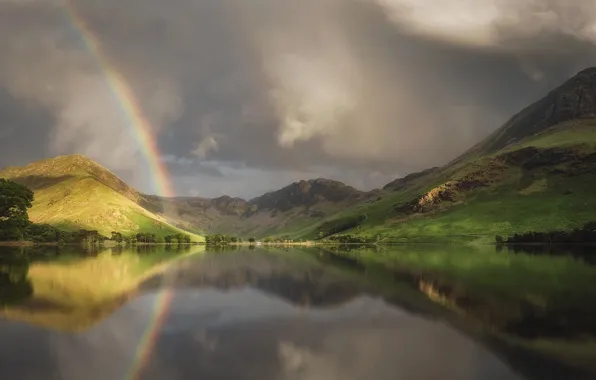 Картинка лето, горы, озеро, холмы, Англия, радуга, весна, Шотландия