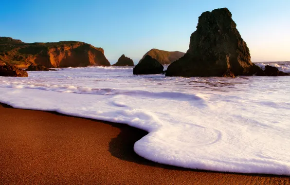 Картинка песок, море, пляж, небо, пена, скалы