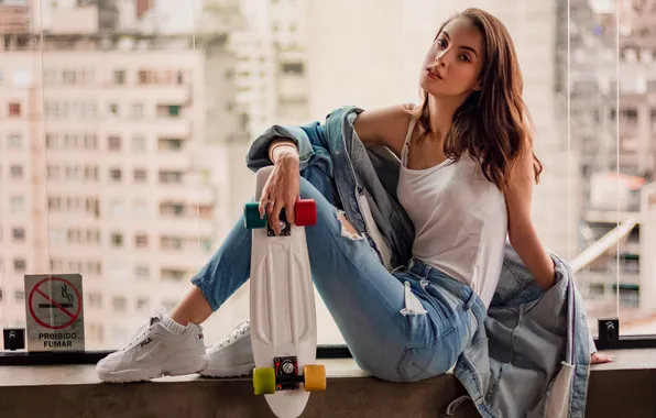 Girl, model, pretty, jeans, skateboard, long-haired, sneakers, tank top