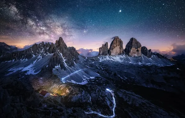 Картинка небо, звезды, горы, ночь, скалы, Альпы, млечный путь