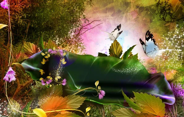 Картинка листья, бабочки, цветы, абстракция, пыльца, летняя фантазия