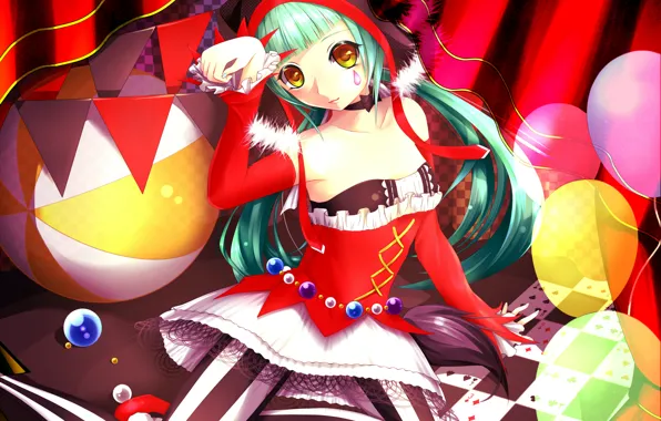 Взгляд, девушка, шарики, поза, цирк, vocaloid, hatsune miku, сидит