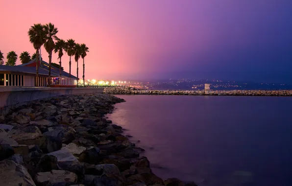 Картинка закат, город, пальмы, побережье, california
