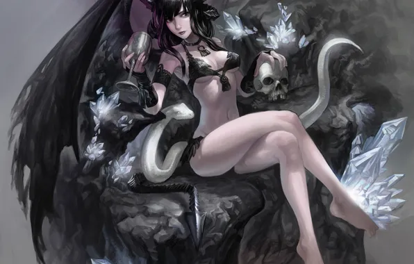 Эротика, взгляд, арт, черепа, демоница, фужер, суккуб, Succubus